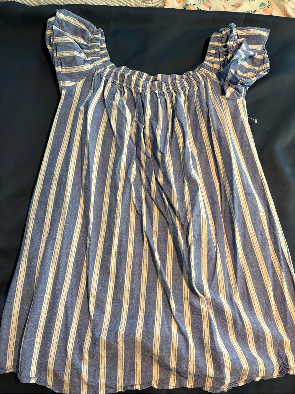 Striped Blue and White Midi Dress with Puff Sleeves